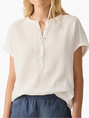 Faherty Cream Short Sleeve Button-Front Henley